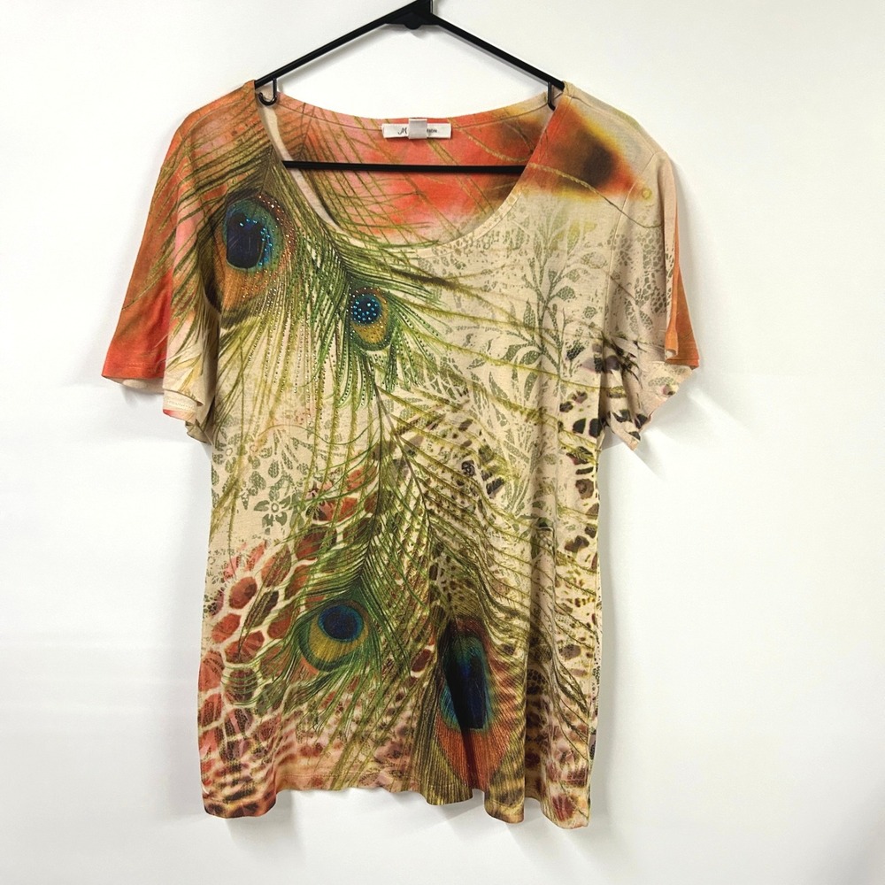 Peacock Feather Rhinestone Knit Top XL Short Sleeve Boho Nature Earthy Statement